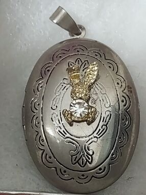 Vintage Silver Locket Pendant w/ Gold & Crystal Rabbit Charm